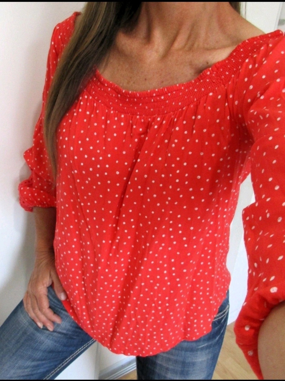 Maurices Red Polka Dot Off-Shoulder Blouse